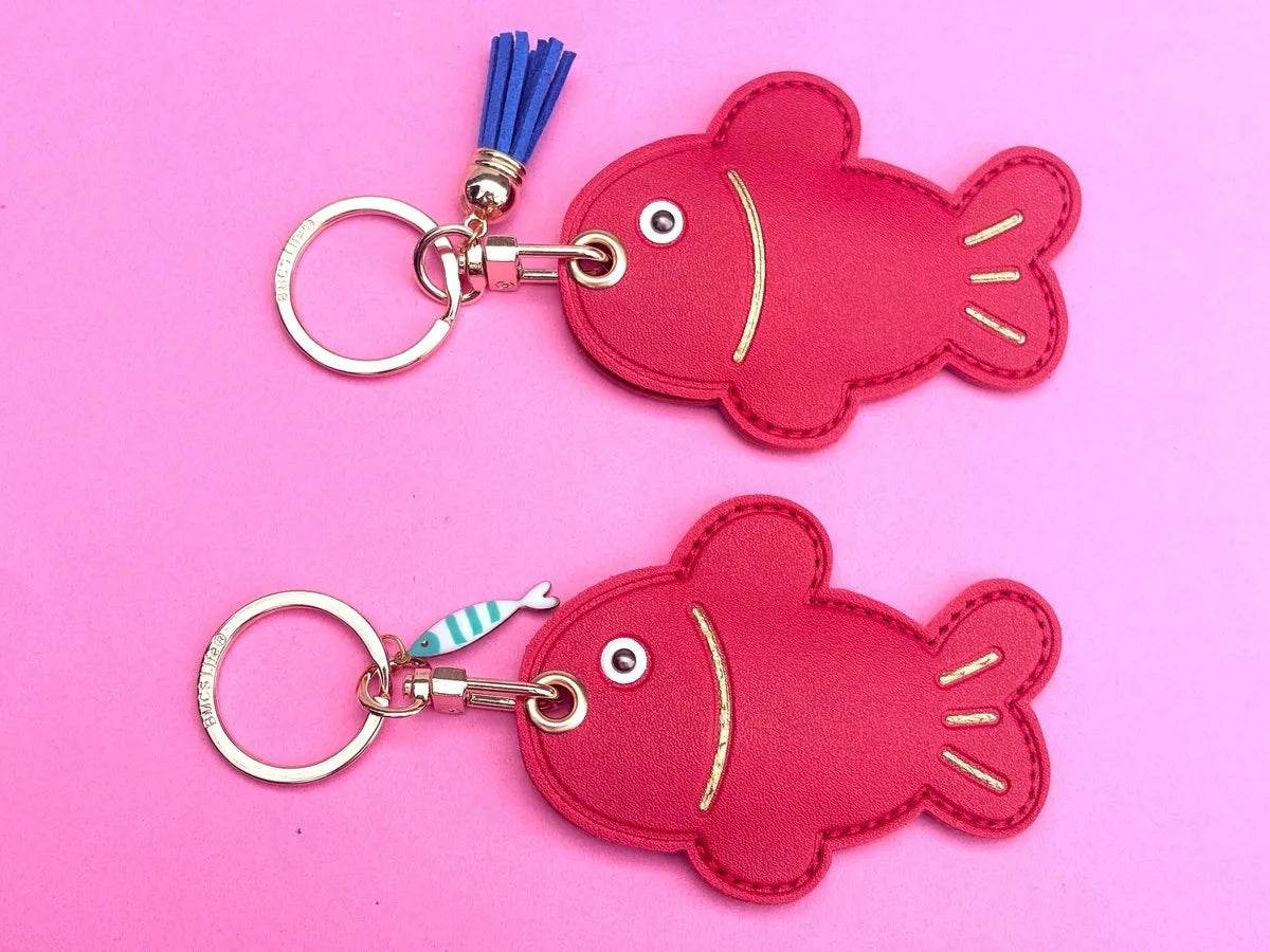 Red Fish Vegan Leather AirTag Holder Keychain — Cute Ocean Theme AirTag Case - PACK OF JOY