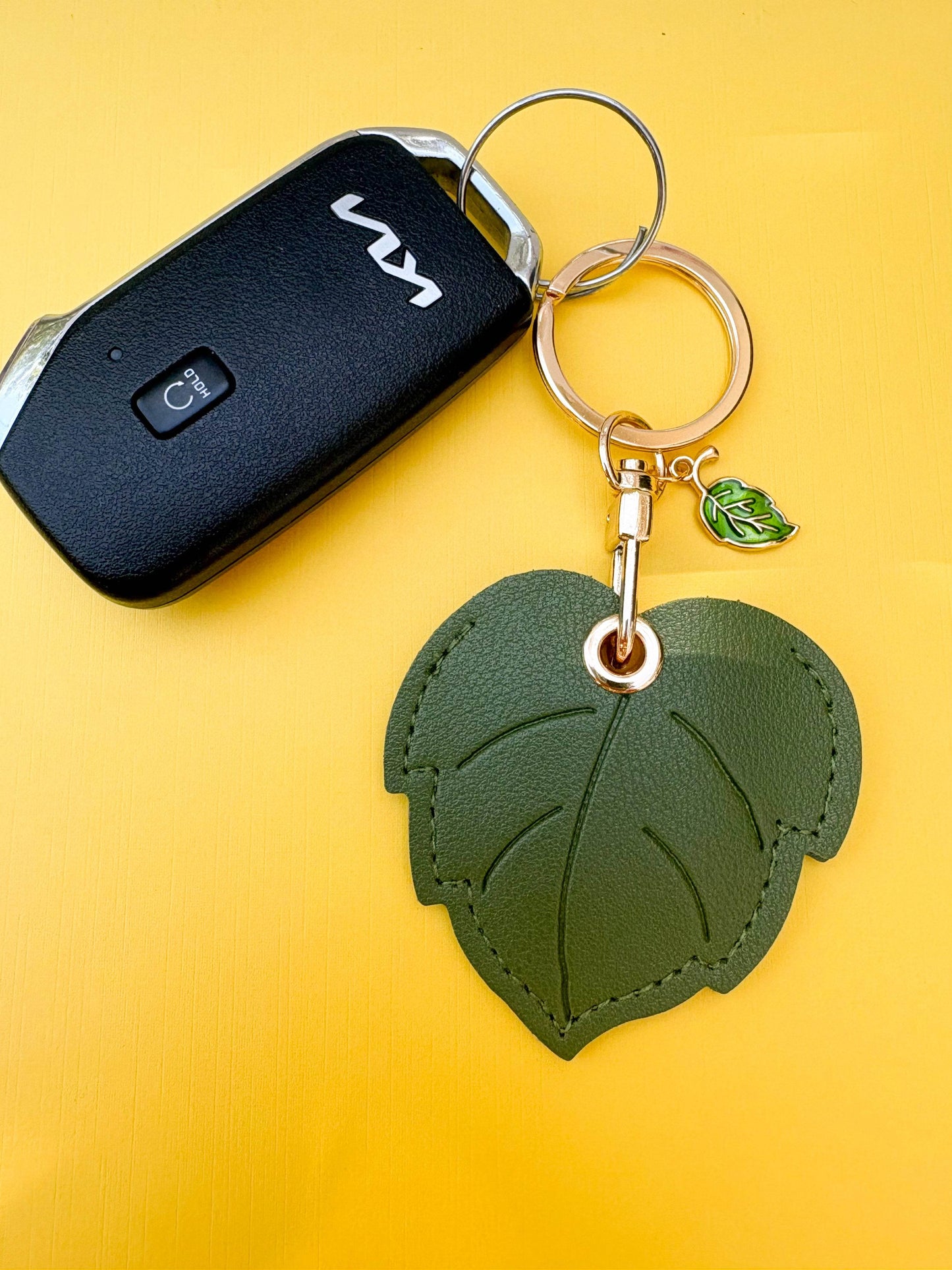 Green Leaf Vegan Leather AirTag Holder Keychain — Botanical AirTag Case with Charm - PACK OF JOY