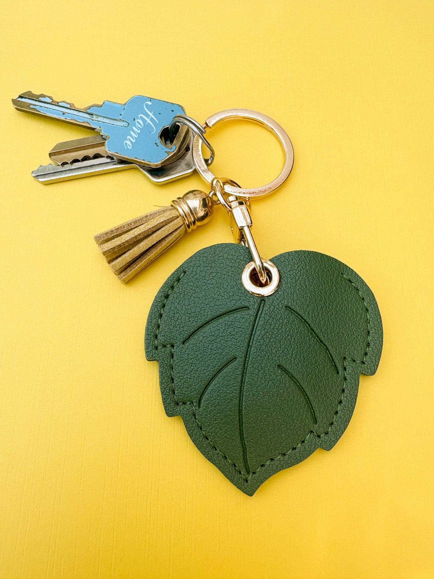 Green Leaf Vegan Leather AirTag Holder Keychain — Botanical AirTag Case with Charm - PACK OF JOY