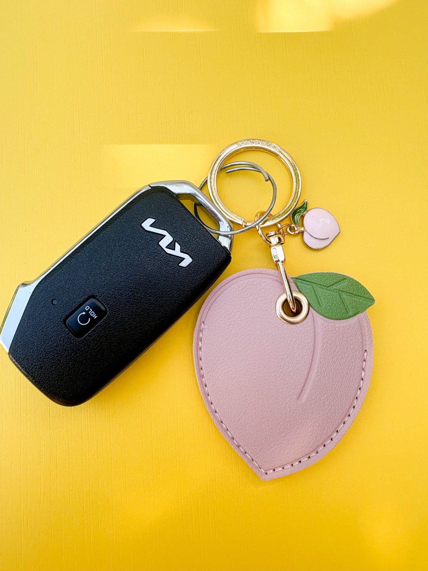 Peach Vegan Leather AirTag Case Keychain — Cute AirTag Holder with Fruit Charm - PACK OF JOY