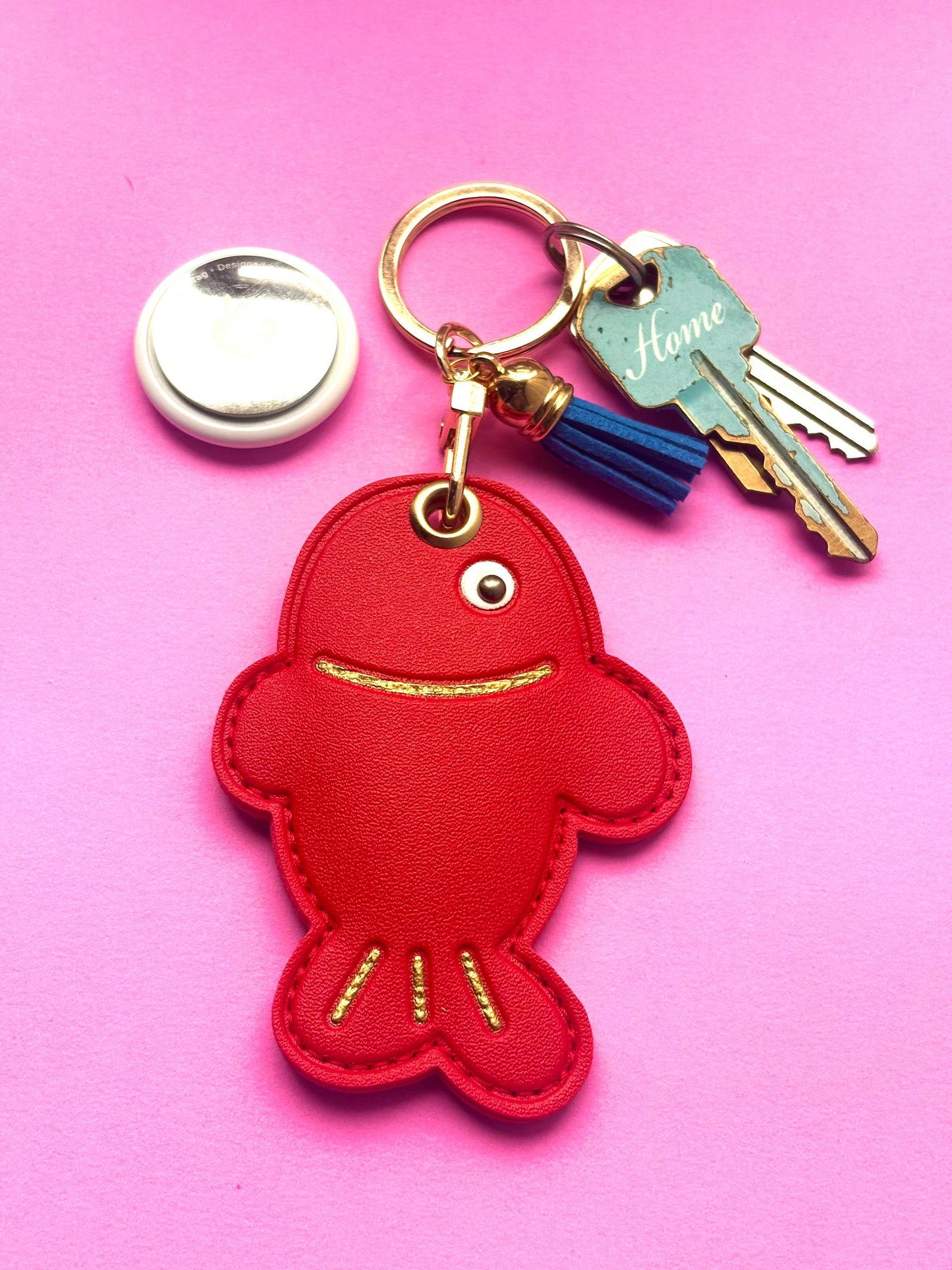 Red Fish Vegan Leather AirTag Holder Keychain — Cute Ocean Theme AirTag Case - PACK OF JOY