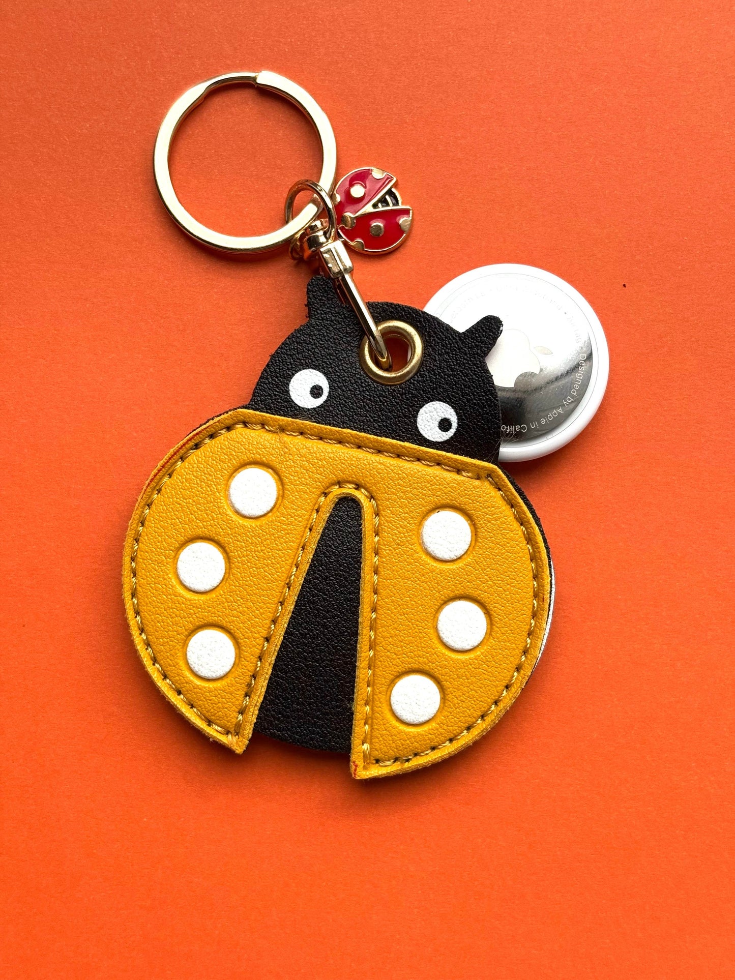 Yellow Ladybug Vegan Leather AirTag Holder Keychain — Cute AirTag Case with Charm - PACK OF JOY