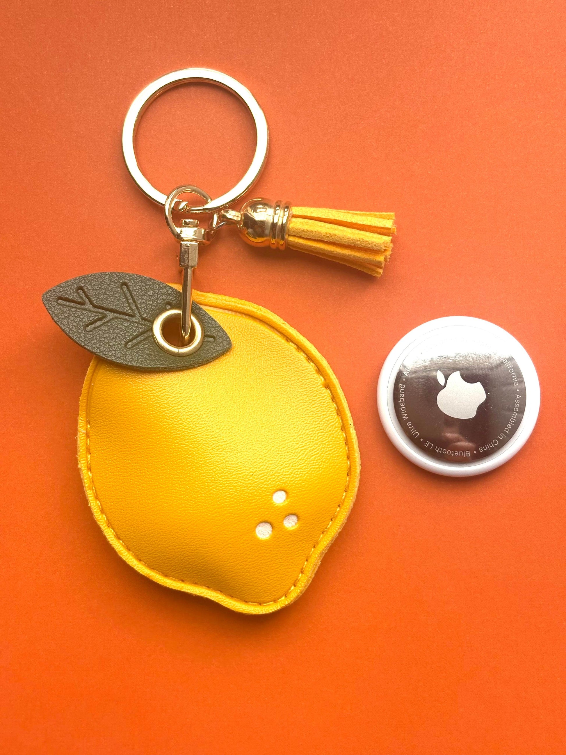 Lemon Vegan Leather AirTag Holder Keychain — Bright AirTag Case with Charm - PACK OF JOY
