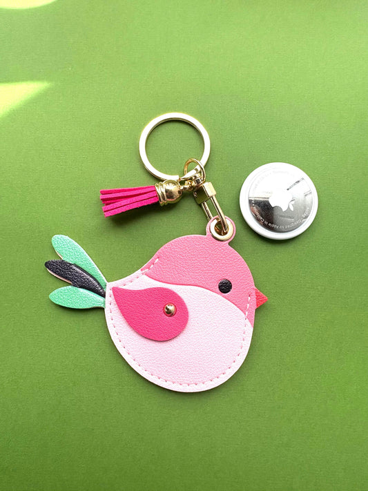 Bird & Leaf Vegan Leather AirTag Holder Keychain — Cute Pink Bird AirTag Case - PACK OF JOY