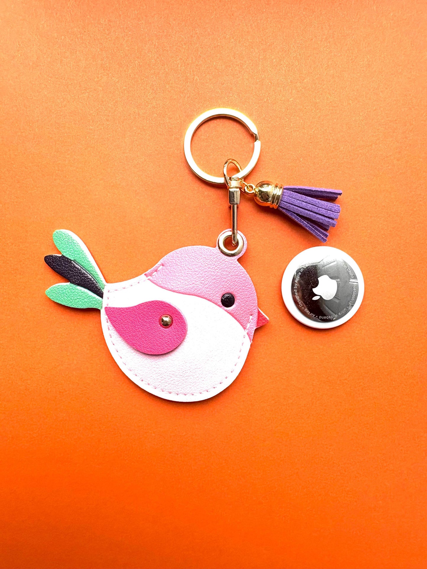 Bird & Leaf Vegan Leather AirTag Holder Keychain — Cute Pink Bird AirTag Case - PACK OF JOY