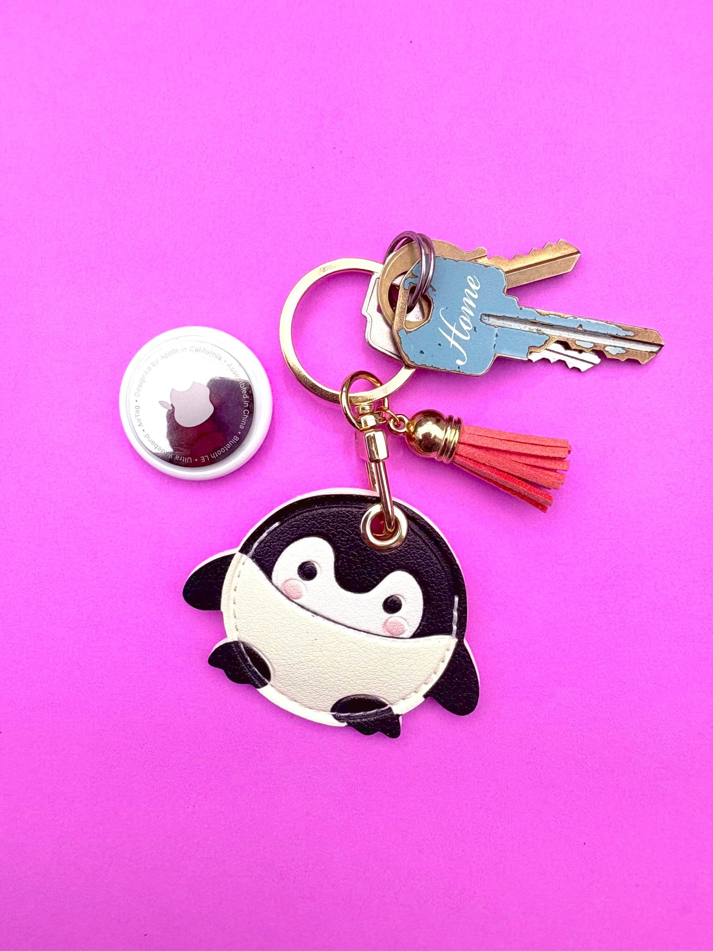 Cute Penguin Vegan Leather AirTag Holder Keychain — Cute Animal Duo AirTag Case - PACK OF JOY