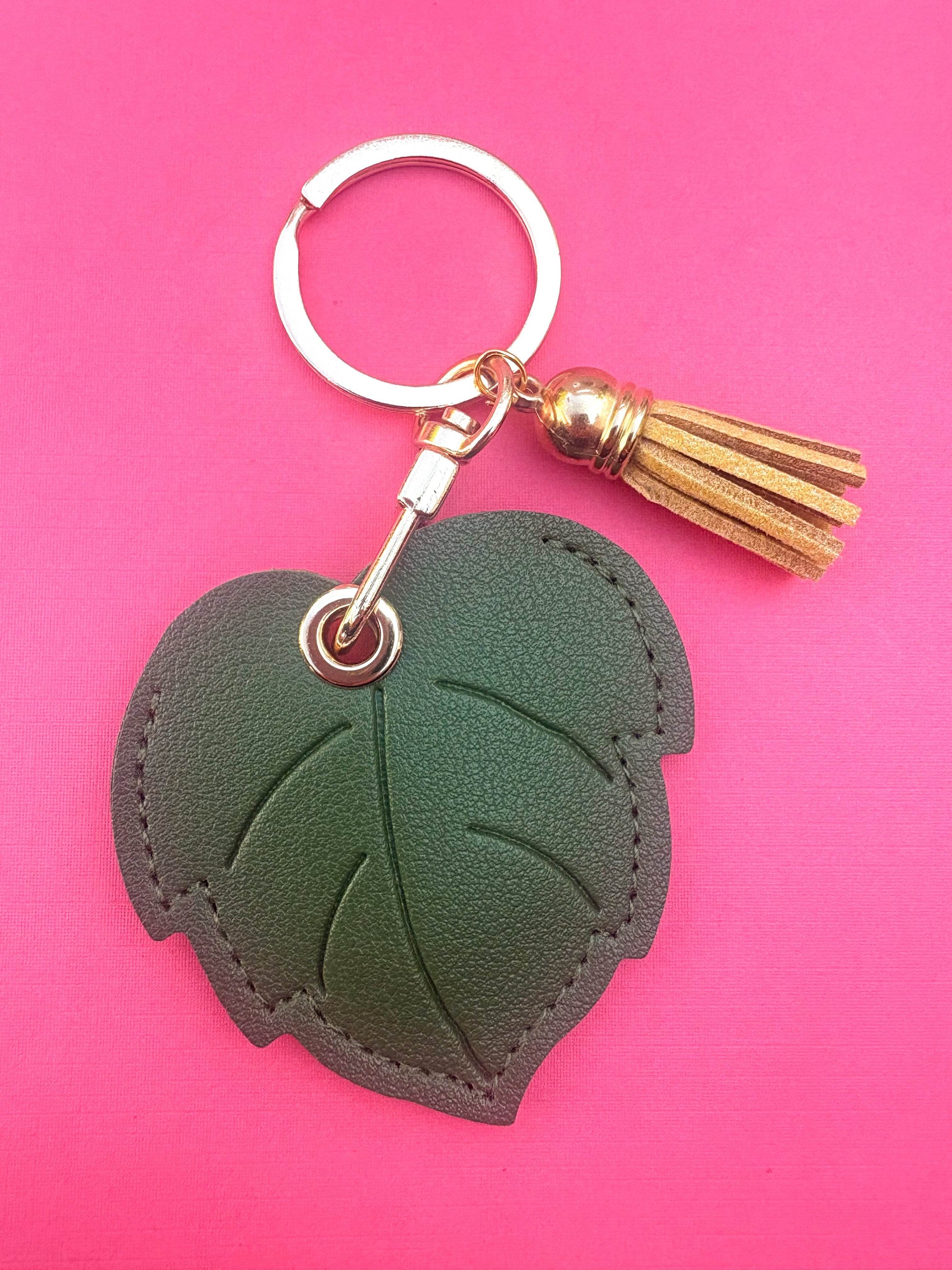 Green Leaf Vegan Leather AirTag Holder Keychain — Botanical AirTag Case with Charm - PACK OF JOY