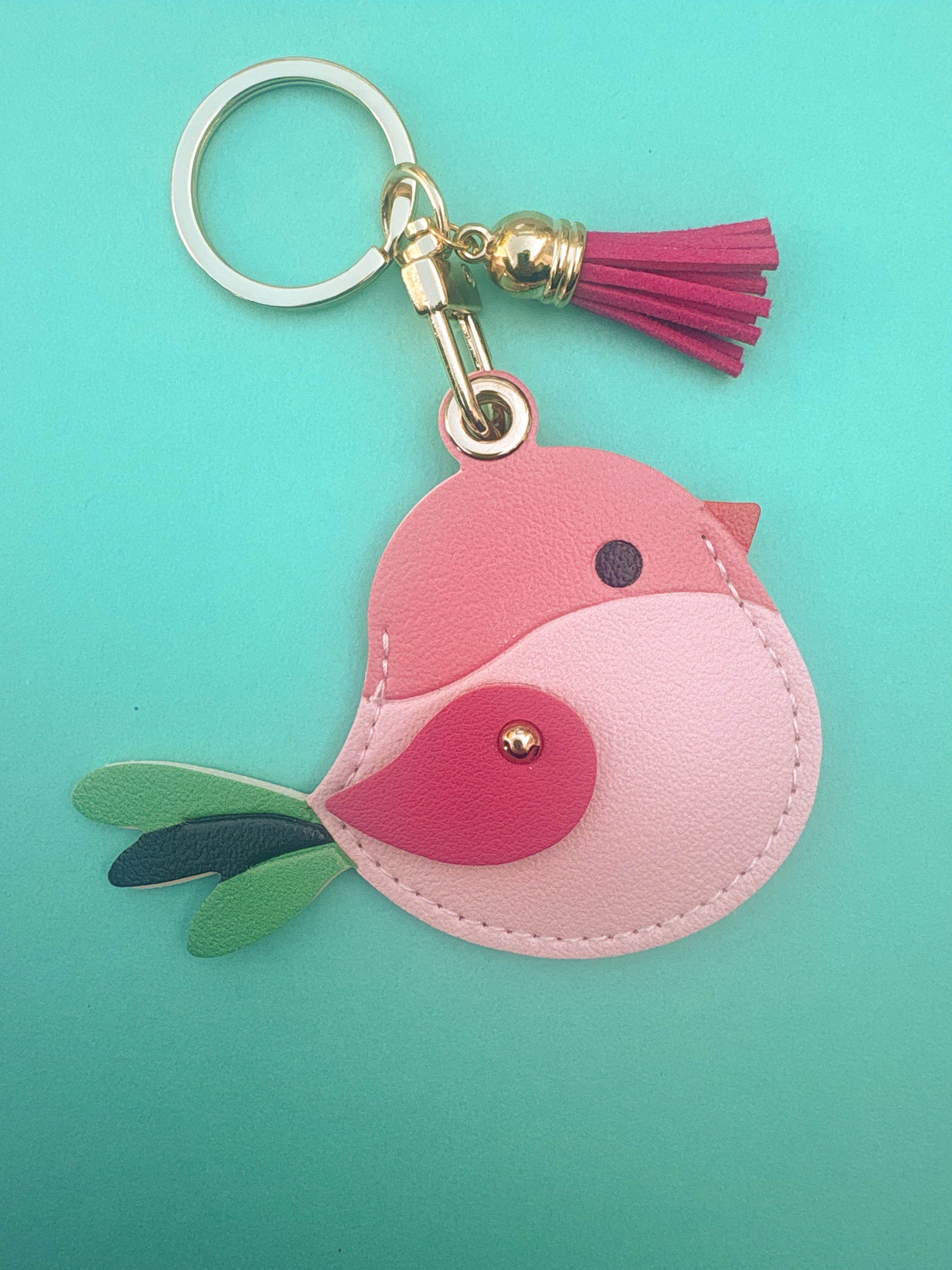 Bird & Leaf Vegan Leather AirTag Holder Keychain — Cute Pink Bird AirTag Case - PACK OF JOY