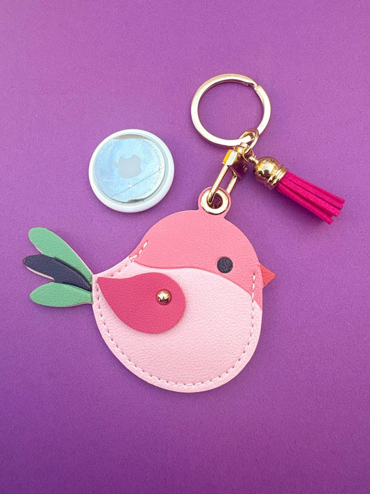 Bird & Leaf Vegan Leather AirTag Holder Keychain — Cute Pink Bird AirTag Case - PACK OF JOY