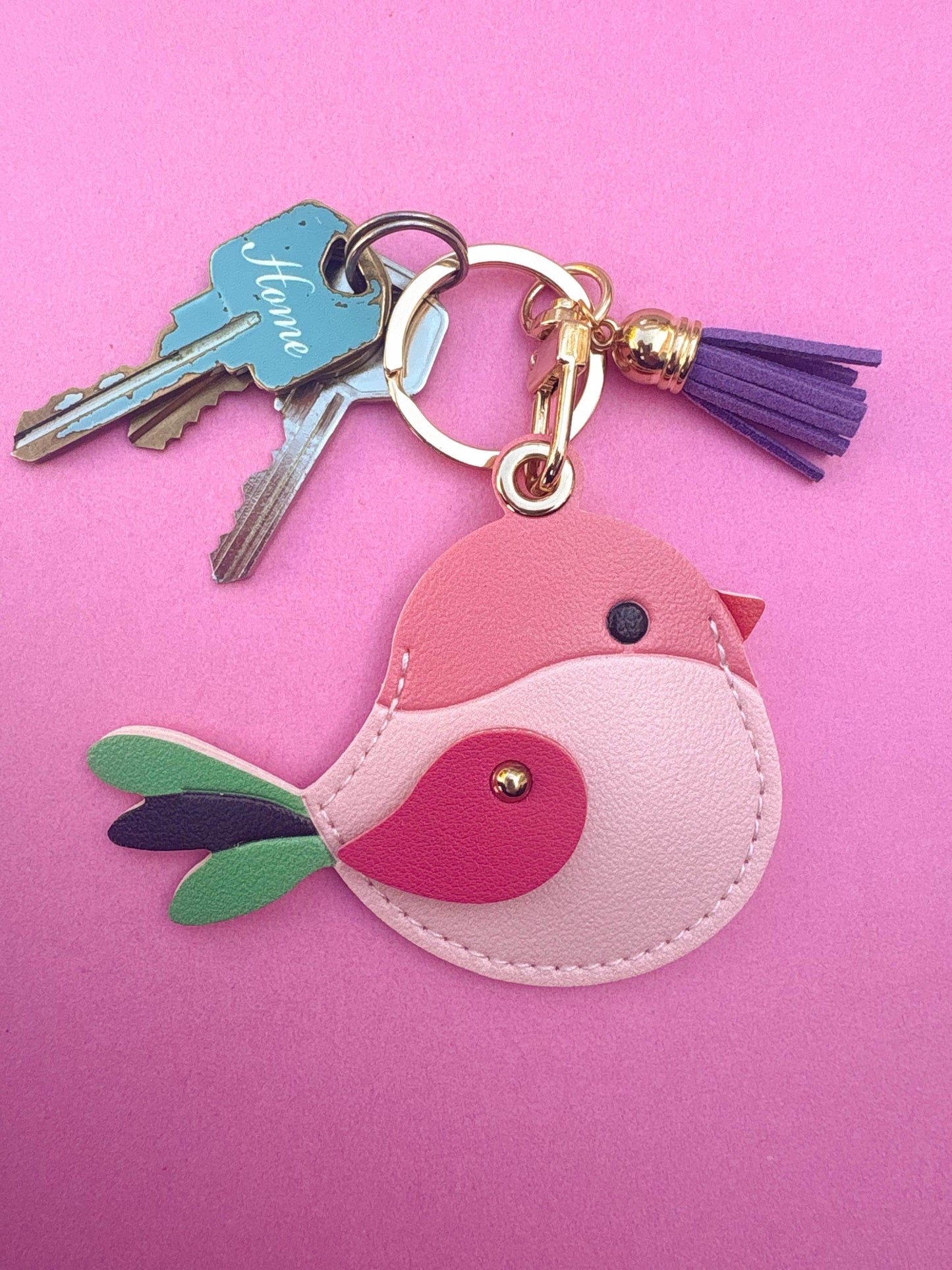 Bird & Leaf Vegan Leather AirTag Holder Keychain — Cute Pink Bird AirTag Case - PACK OF JOY
