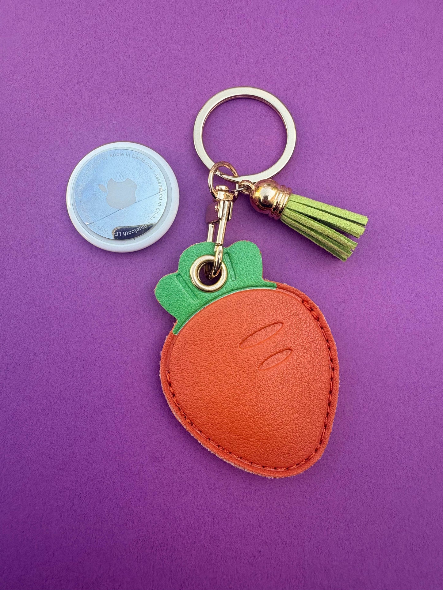 Carrot Orange Vegan Leather AirTag Holder Keychain — Cute Veggie AirTag Case with Charm - PACK OF JOY