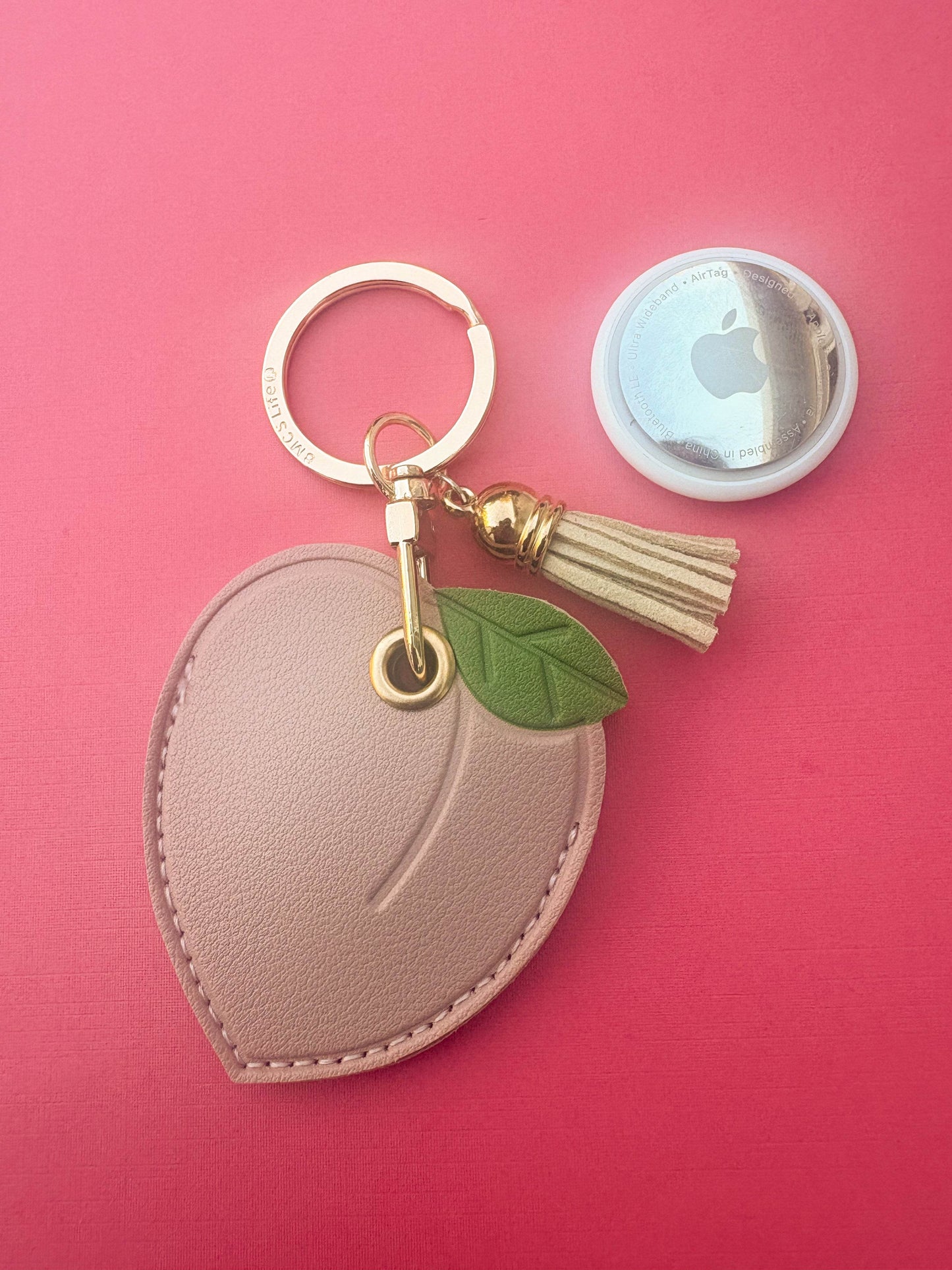 Peach Vegan Leather AirTag Case Keychain — Cute AirTag Holder with Fruit Charm - PACK OF JOY