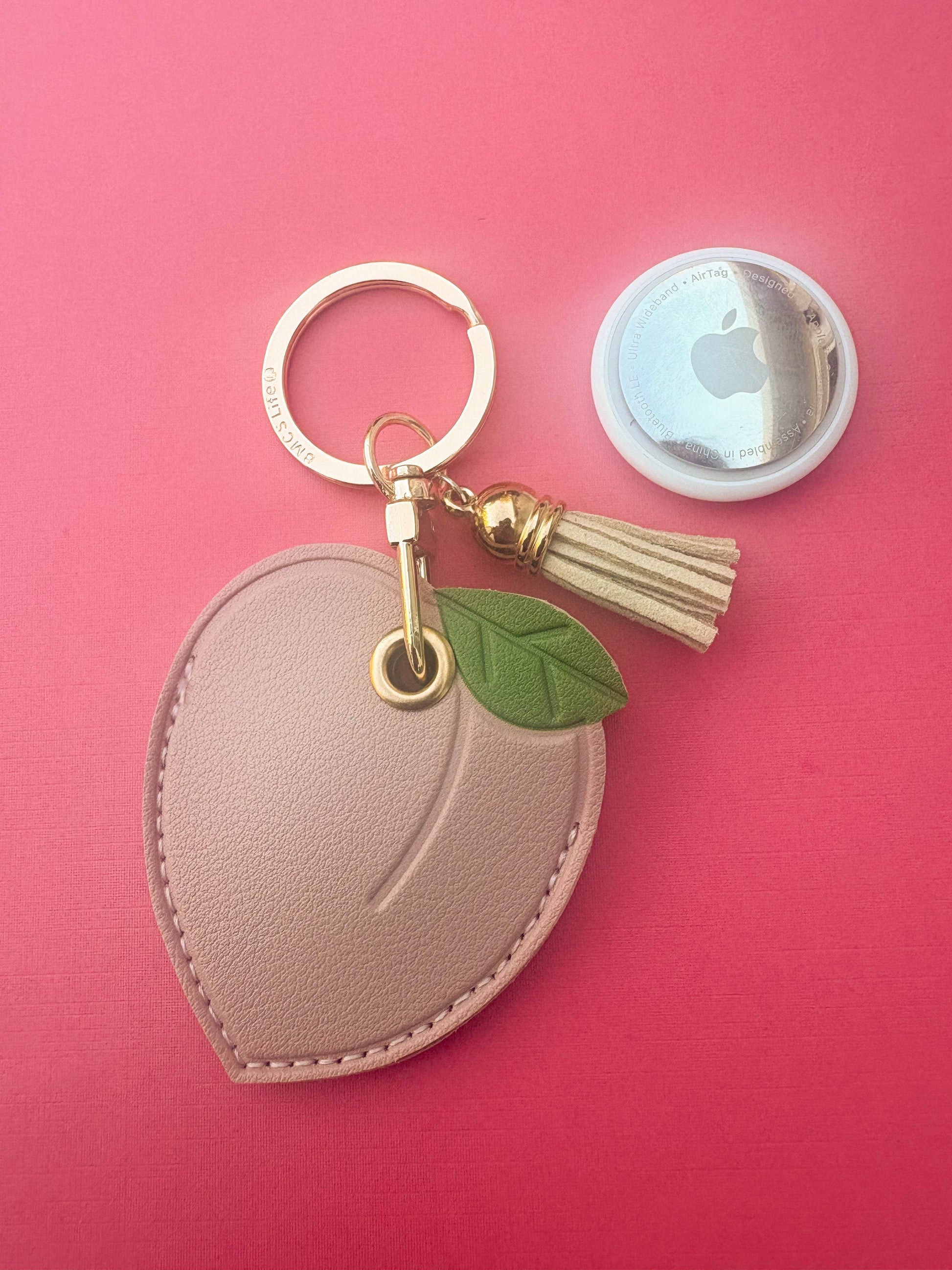Peach Vegan Leather AirTag Case Keychain — Cute AirTag Holder with Fruit Charm - PACK OF JOY