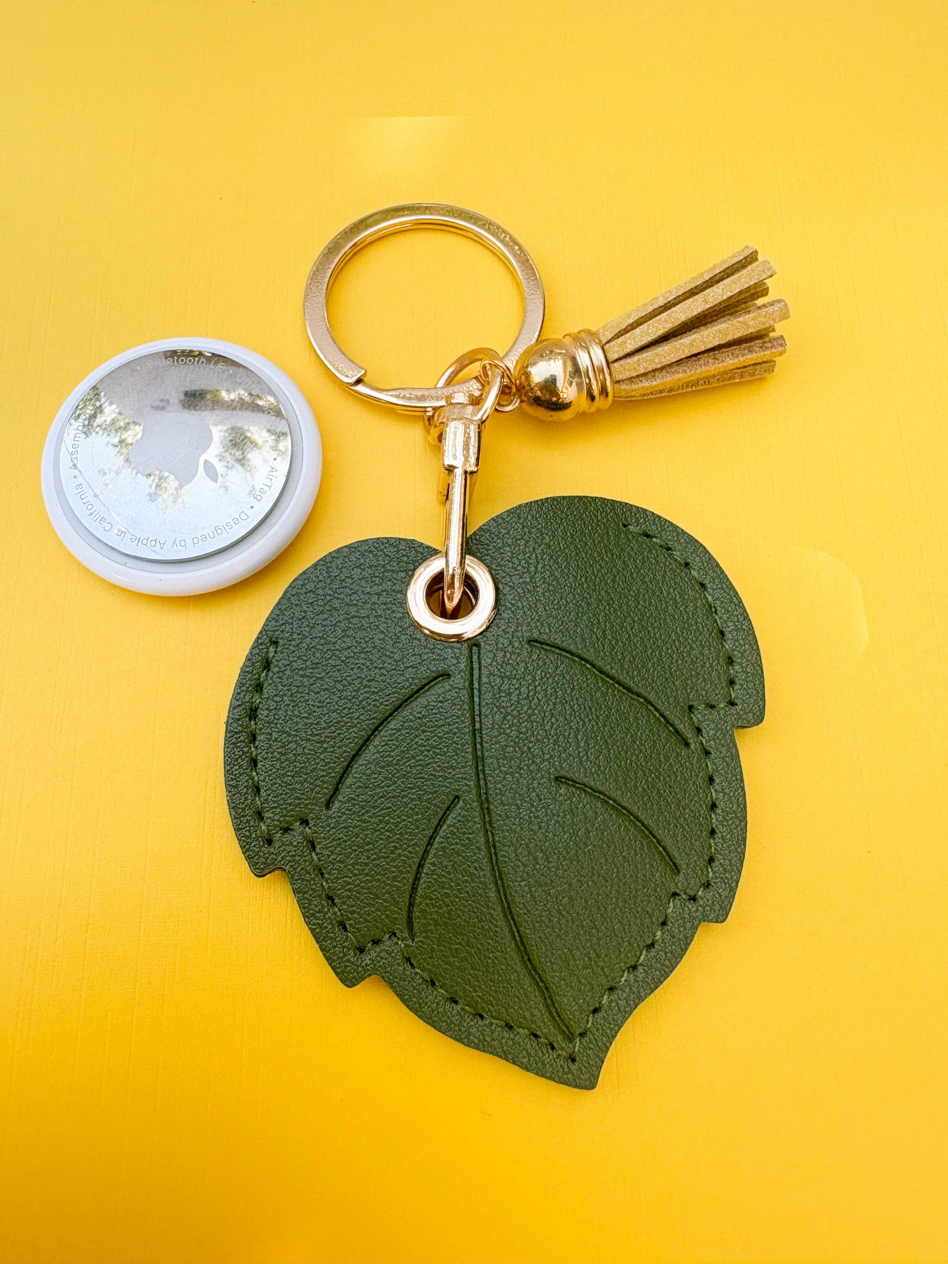 Green Leaf Vegan Leather AirTag Holder Keychain — Botanical AirTag Case with Charm - PACK OF JOY