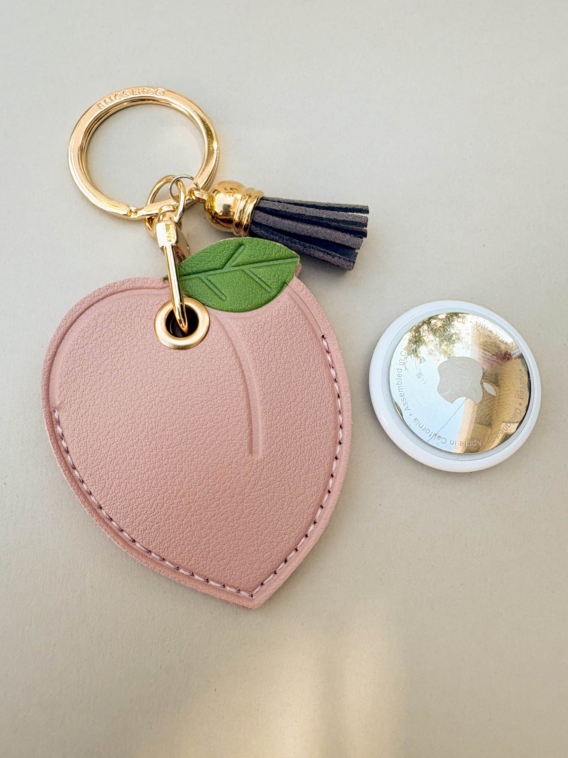 Peach Vegan Leather AirTag Case Keychain — Cute AirTag Holder with Fruit Charm - PACK OF JOY