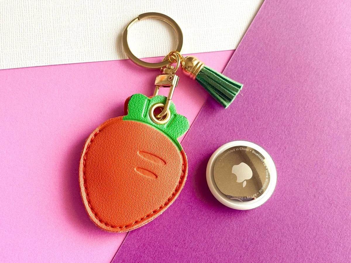 Carrot Orange Vegan Leather AirTag Holder Keychain — Cute Veggie AirTag Case with Charm - PACK OF JOY